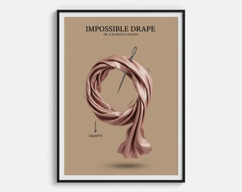 Stampa artistica drappeggiata impossibile - Poster in tessuto di seta che sfida la gravità - Decorazione murale in materiale di moda surreale, illustrazione in tessuto fluido