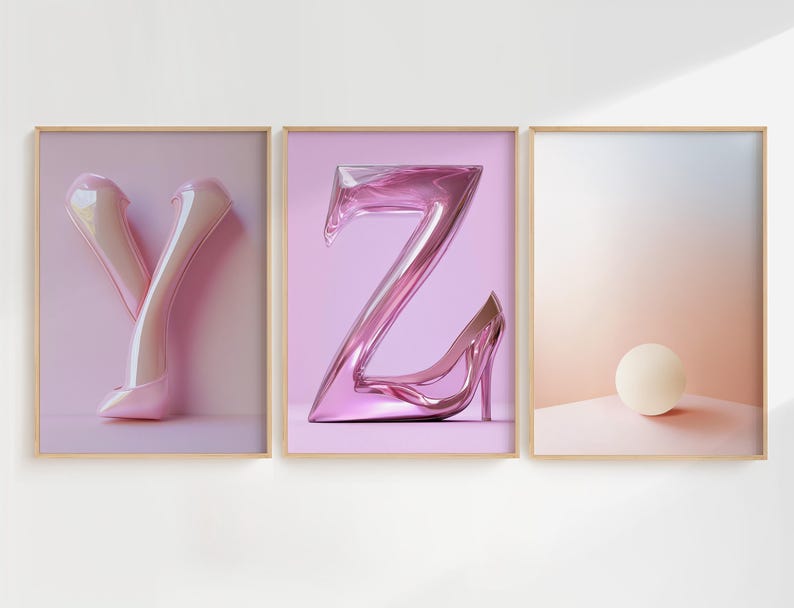 Affiches élégantes des lettres Y, Z et du symbole '.', inspirées des silhouettes de talons aiguilles futuristes. Une fusion entre minimalisme et sophistication, idéale pour un intérieur glamour et contemporain.