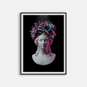 Peut inclure: Impression encadrée d'un buste en marbre blanc de femme, orné d'un design filaire néon rose et turquoise. Le filaire porte le chiffre "1793". Le fond est noir, créant un contraste saisissant.