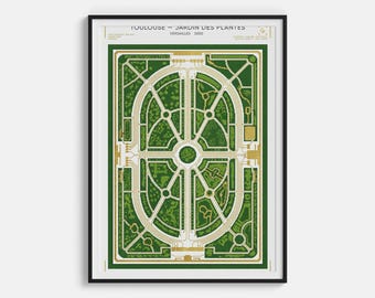 Poster artistico Jardin des Plantes Toulouse - Curve botaniche e stampa della mappa del giardino didattico - Decorazione murale paesaggistica dell'Occitania, arte vintage del parco