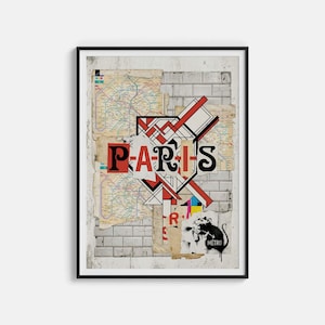 May include: Framed art print with a collage design incorporating a Paris metro map, brickwork, and graffiti elements. The word "PARIS" is in red and black. A black rat stencil adds a street art vibe.