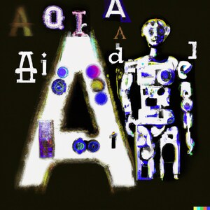 May include: A white letter A with a black background. The letter A is surrounded by colorful circles and other letters. A robot-like figure stands to the right of the letter A.