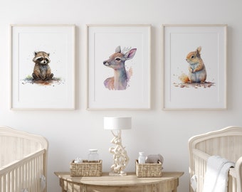 Raton laveur, cerf et écureuil, ensemble de 3 impressions numériques, pépinière enfants chambre Wall Art, aquarelle animaux des bois, téléchargements imprimables
