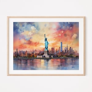 New York, Statue of Liberty at sunset, watercolour painting effect, unframed print, wall art, travel print, Home Decor, Office print, City