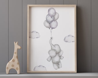 Flottant à l'éléphant du pays des rêves, impression non encadrée, art mural de la chambre des enfants de la pépinière, aquarelle, ballons à la dérive pour les enfants