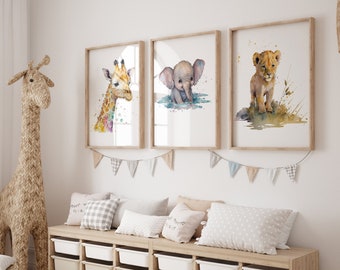 Bébés animaux africains, ensemble de 3 impressions numériques, pépinière enfants chambre Wall Art, aquarelle, téléchargements imprimables