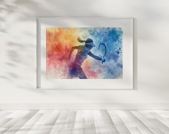 Tennis Player Poster, Woman Sports Wall Art, Printable Digital Download, Minimalist Line Art Print, Girl Room Décor, Gift for Sport Lover