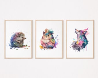 Animaux de la forêt arc-en-ciel, lot de 3 impressions numériques, oeuvre d'art murale pour chambre d'enfant, aquarelle, téléchargements imprimables