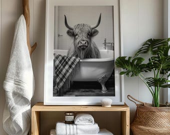 Arte imprimible para el baño, letreros para el baño, decoración del baño, estampado de vaca de las Tierras Altas, arte imprimible, decoración de granja, arte de pared grande, arte imprimible