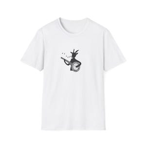 May include: White t-shirt with a black and grey illustration of a goat playing a banjo. The goat is a silhouette, with musical notes above the banjo. The shirt has a crew neck and short sleeves.