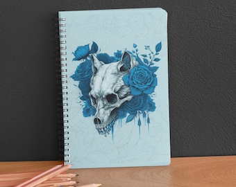 Spiral Notebook : Wolf Skull and Blue Roses, Skull and Roses Notebook , Wolf Skull Notebook , Skull Notebook , Goth Vibes Stationery- Ruled