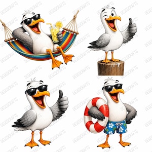 Puede incluir: Un conjunto de cuatro ilustraciones de gaviotas de dibujos animados. Una gaviota se relaja en una hamaca colorida con una bebida. Otra está de pie sobre un poste de madera haciendo un gesto de pulgar hacia arriba. Una tercera hace un gesto de pulgar hacia arriba. La cuarta lleva un bañador azul con flores y sostiene un salvavidas rojo y blanco.