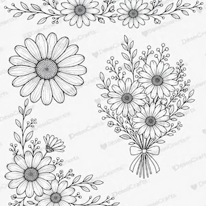 May include: A collection of black and white line art illustrations featuring daisy flowers. The set includes a horizontal floral border, a single large daisy, a corner floral arrangement, and a bouquet of daisies tied with a simple ribbon bow.