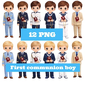 Puede incluir: Ilustración digital de 12 niños de dibujos animados con diferentes atuendos, incluyendo trajes y uniformes de marinero, cada uno sosteniendo un libro. El texto "12 PNG" y "First communion boy" está incluido en una pancarta azul.