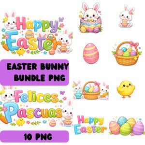 10 PNG Happy Easter bundle. Conejitos de pascua, huevos de pascua, dibujos bonitos decoración de fiesta infantil Felices Pascuas