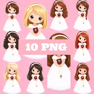 Può includere: Illustrazione digitale di dieci ragazze dei cartoni animati in abiti bianchi, ognuna con un libro con una croce. Le ragazze hanno acconciature e colori di capelli diversi, con una collana a forma di croce. Il testo "10 PNG" è visualizzato su uno sfondo rosa.