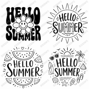 Puede incluir: Cuatro diseños gráficos en blanco y negro con el texto Hello Summer. Los diseños incluyen una flor con cara sonriente, un sol radiante, rodajas de sandía e iconos de playa como gafas de sol, una tabla de surf, una palmera y una estrella.