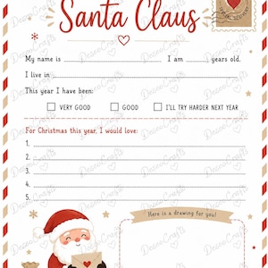 Puede incluir: Una plantilla de carta para Santa Claus con borde de rayas rojas y blancas, sello del Polo Norte y líneas para completar nombre, edad, ubicación, comportamiento y deseos. Incluye una ilustración de Santa y un recuadro para dibujar.