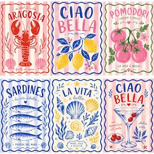 Puede incluir: Un conjunto de seis láminas rectangulares con motivos mediterráneos. Los diseños incluyen una langosta roja, limones, tomates, sardinas, conchas marinas y una copa de cóctel. Cada lámina tiene un borde festoneado, fondo a rayas y texto.