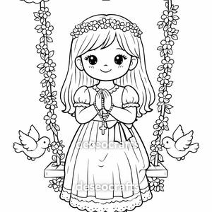 Puede incluir: Ilustración en blanco y negro de una niña con un vestido, con las manos juntas en oración, con una corona de flores y un collar con una cruz. Está en un columpio con guirnaldas de flores y palomas. Una cruz y nubes arriba.