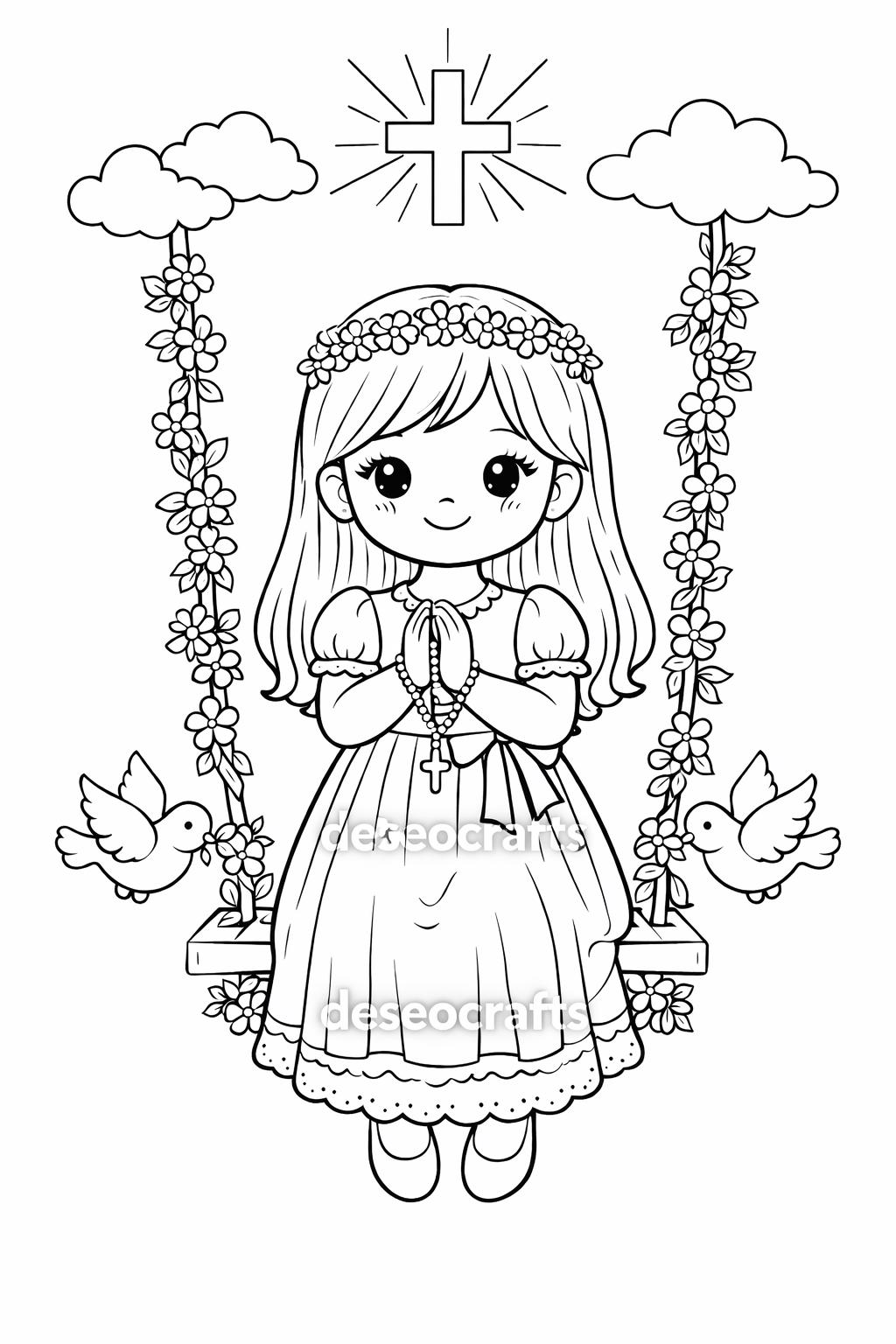 First Communion Coloring Page for Girls (printable), Catholic Activity ...