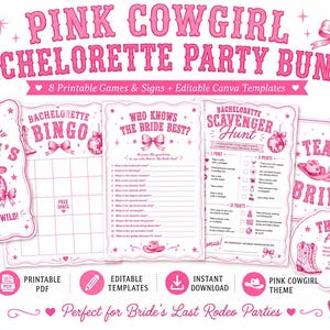 Last Rodeo Bachelorette Party Bundle | Pink Cowgirl Decor Pack | Editable Canva Welcome Sign + Printable Games