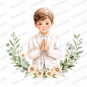 Può includere: Illustrazione ad acquerello di un ragazzo in abito bianco con le mani giunte in preghiera, un rosario e una ghirlanda floreale. Il ragazzo ha i capelli castani e sorride. La ghirlanda comprende foglie verdi e fiori color crema.