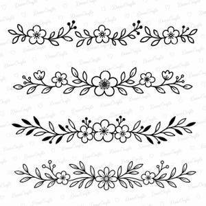 Può includere: Un set di quattro divisori floreali orizzontali con illustrazioni a linee nere di fiori, foglie e piccole bacche. Ogni design è simmetrico e mostra varie disposizioni di fiori e fogliame su steli sottili e curvi.