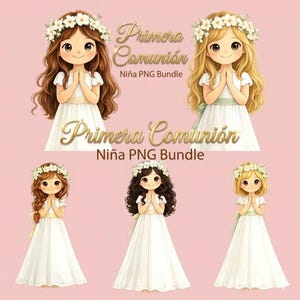 Puede incluir: Ilustración digital de seis niñas con vestidos blancos, cada una con una corona de flores. Las niñas tienen diferentes colores y estilos de cabello. El texto "Primera Comunión Niña PNG Bundle" se muestra en escritura dorada sobre un fondo rosa.