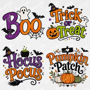 Halloween Sublimation PNG Bundle | 4 Halloween Designs | Transparent PNG Files | Boo, Trick or Treat, Hocus Pocus, Pumpkin Patch | T-Shirt