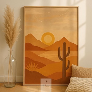 Desert Sunset Wall Art – Boho Earth Tone Cactus Landscape Printab