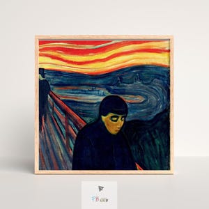 Puede incluir: Una impresión enmarcada de la pintura "El Grito" de Edvard Munch. La obra presenta una figura con rostro pálido y boca abierta sobre un fondo arremolinado y colorido de azules, naranjas y rojos. El marco es de madera clara.