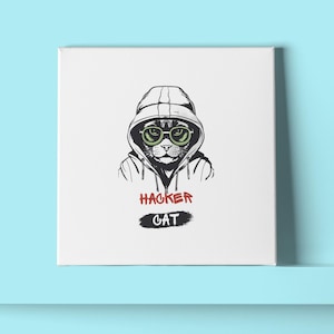 May include: A black and white illustration of a cat wearing a hooded sweatshirt and sunglasses. The text "Hacker Cat" is written below the cat.