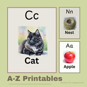 May include: Educational print featuring a watercolor illustration of a black cat with the letter "Cc" and the word "Cat". Additional cards show a nest and an apple. The text "A-Z Printables" is at the bottom.