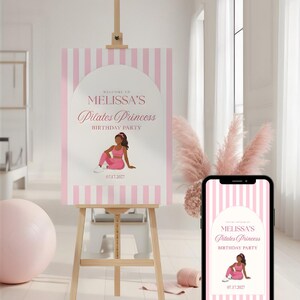 Pilates Welcome Sign + Invitation Bundle | Pink Bow Pilates Princess Birthday Canva Template | Animated Invite, Bingo, Bottle Label