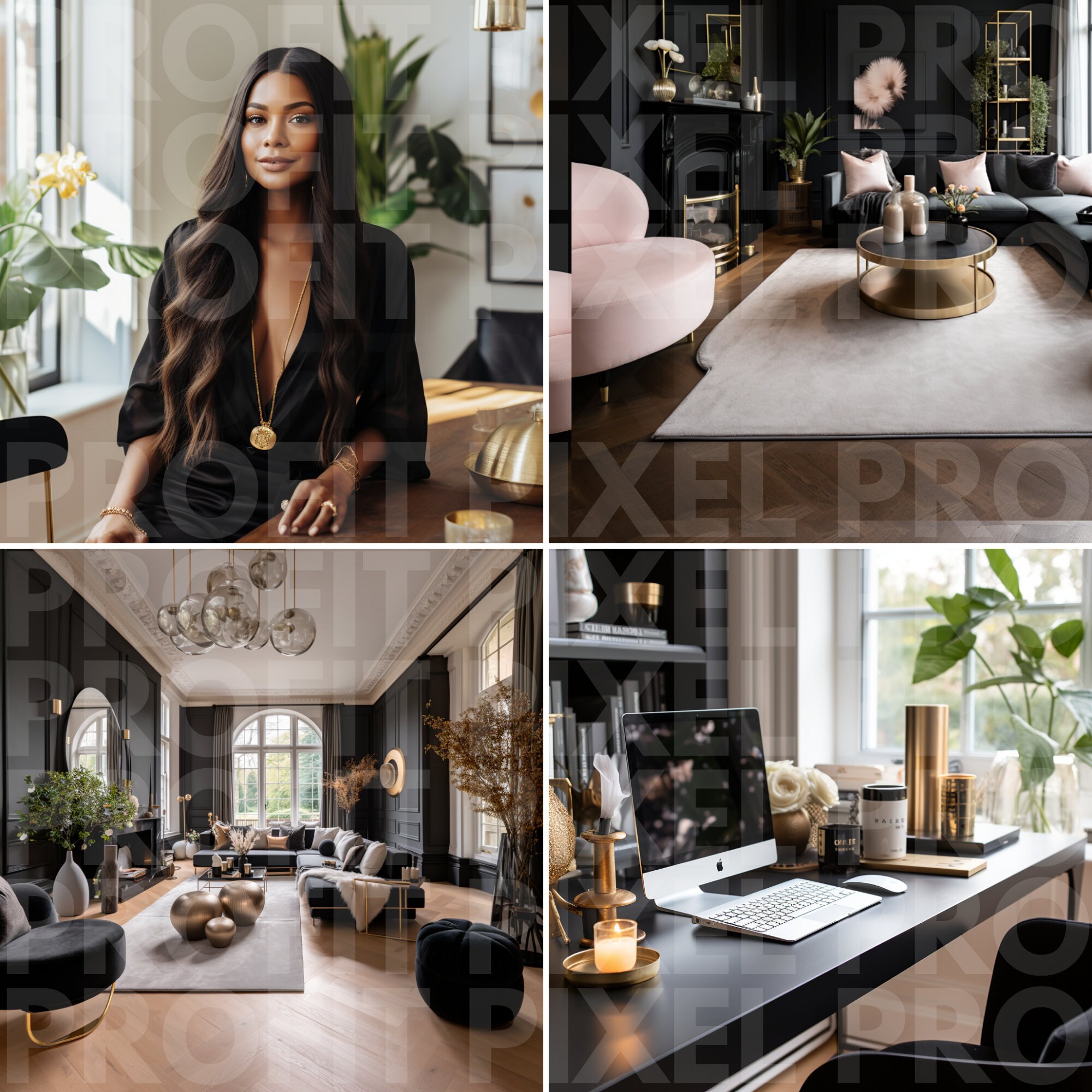 Black Woman Home Office Photo Bundle, Black Gold Lifestyle Social Media ...