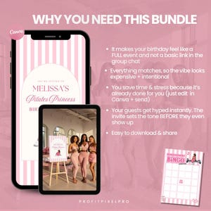 Pilates Welcome Sign + Invitation Bundle | Pink Bow Pilates Princess Birthday Canva Template | Animated Invite, Bingo, Bottle Label
