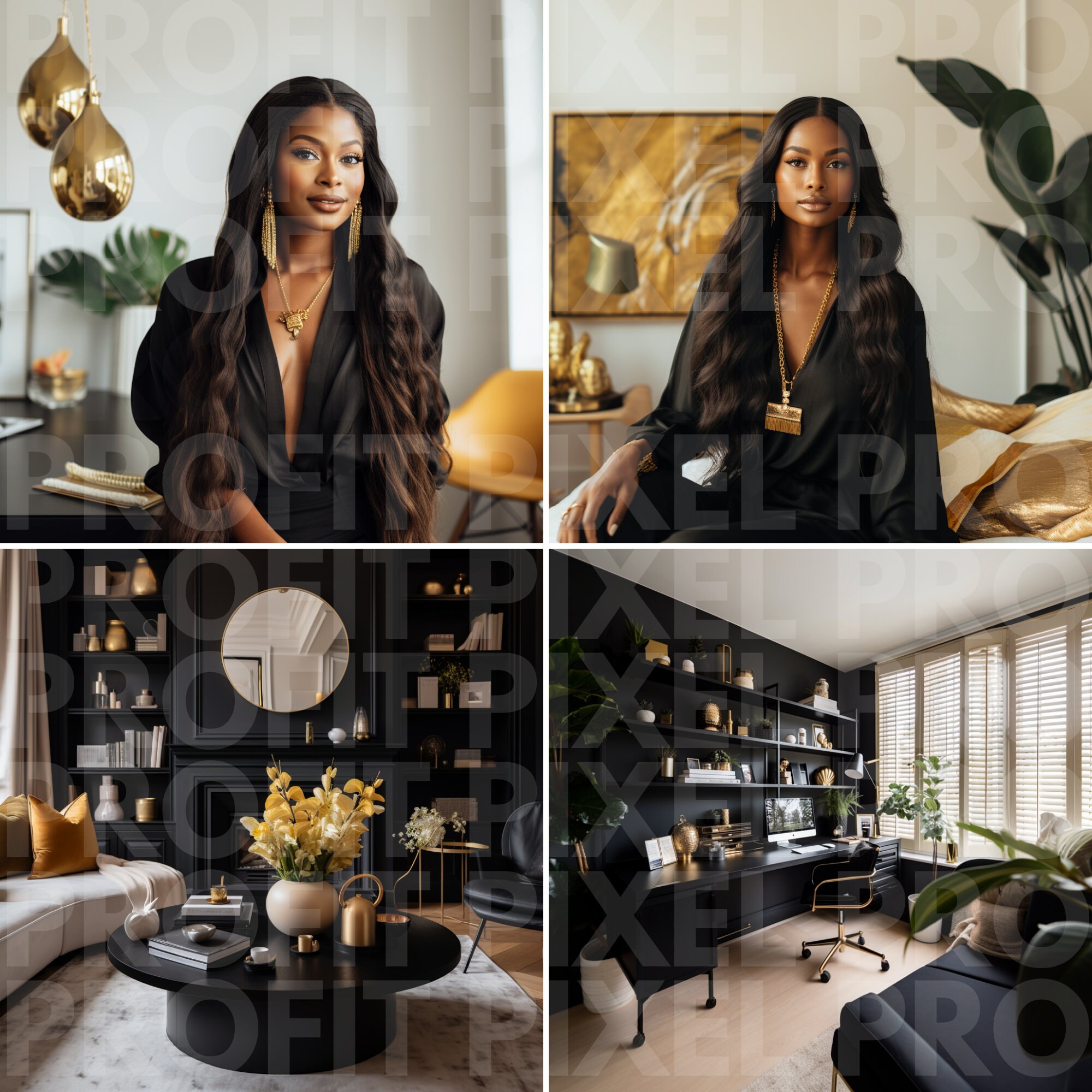 Black Woman Home Office Photo Bundle, Black Gold Lifestyle Social Media ...
