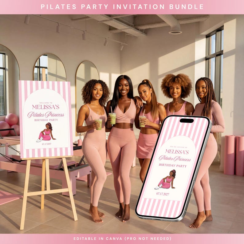 Pilates Princess Birthday Party Bundle | Pilates Welcome Sign | Pink Decor (Canva Template, Digital Download)