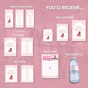 Pilates Welcome Sign + Invitation Bundle | Pink Bow Pilates Princess Birthday Canva Template | Animated Invite, Bingo, Bottle Label