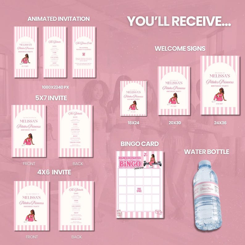 Pilates Welcome Sign + Invitation Bundle | Pink Bow Pilates Princess Birthday Canva Template | Animated Invite, Bingo, Bottle Label