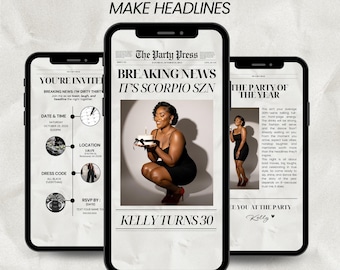 Birthday Newspaper Invitation | Editable Animated Digital Evite | Scorpio Birthday Canva Template