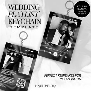 Peut inclure: Modèle de porte-clés de liste de lecture de mariage en noir et blanc avec une photo d'un couple et un code QR. Le modèle comprend un titre de chanson, un artiste et des commandes de lecture. Le texte "Thank You For Celebrating With Us" est sur le porte-clés. Le texte "Edit in Canva *Pro is needed" est dans le coin supérieur droit de l'image. Le texte "Perfect Keepsakes for Your Guests" est en bas de l'image.