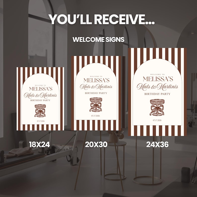 Pilates Welcome Sign Template | Mats & Martinis Birthday Party | Printable Party Decor | Digital Download