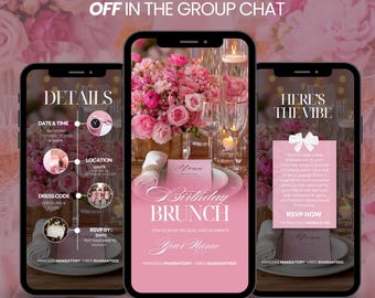Birthday Party Invitation Template | Editable Canva Invitations | Pink Brunch Invite | Instant Digital Invitation Templates