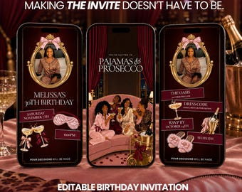 Pajamas and Prosecco Birthday Invitation, Editable Adult Pajama Party Animated Digital Evite, Canva Template