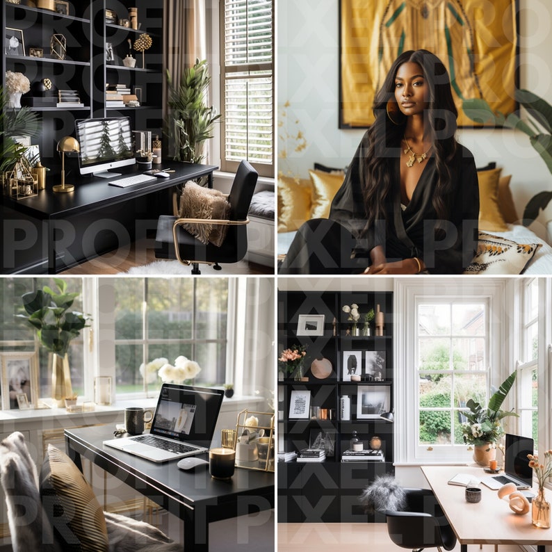 Black Woman Home Office Photo Bundle, Black Gold Lifestyle Social Media ...