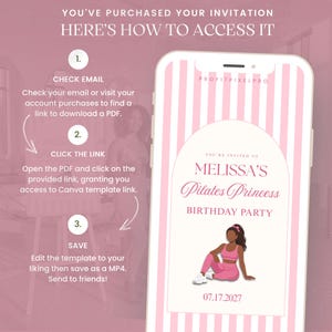 Pilates Welcome Sign + Invitation Bundle | Pink Bow Pilates Princess Birthday Canva Template | Animated Invite, Bingo, Bottle Label