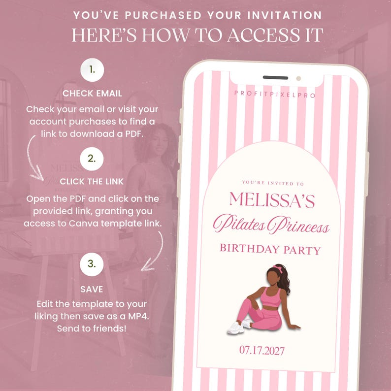 Pilates Welcome Sign + Invitation Bundle | Pink Bow Pilates Princess Birthday Canva Template | Animated Invite, Bingo, Bottle Label