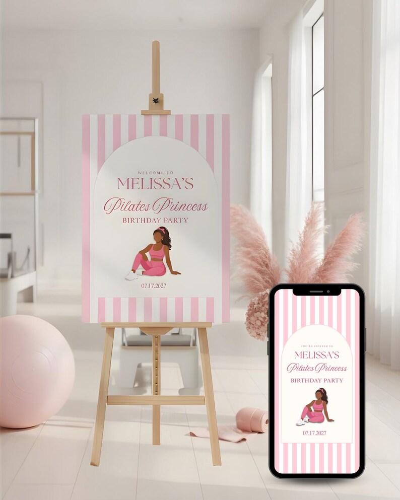 Pilates Welcome Sign + Invitation Bundle | Pink Bow Pilates Princess Birthday Canva Template | Animated Invite, Bingo, Bottle Label
